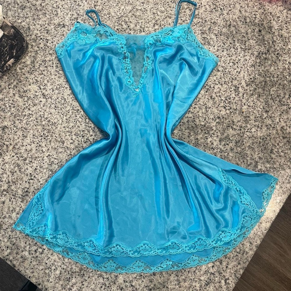 Victoria's Secret vintage floral lace blue slip dress with leg slit mini dress